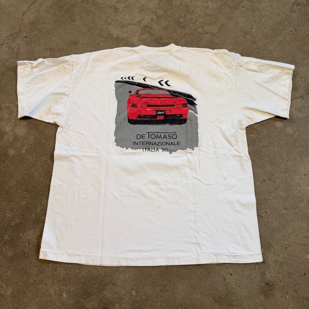 Vintage 96 Italia Car Screen Stars De Tomaso T-Shirt Men XXL White Single Stitch - Picture 2 of 9
